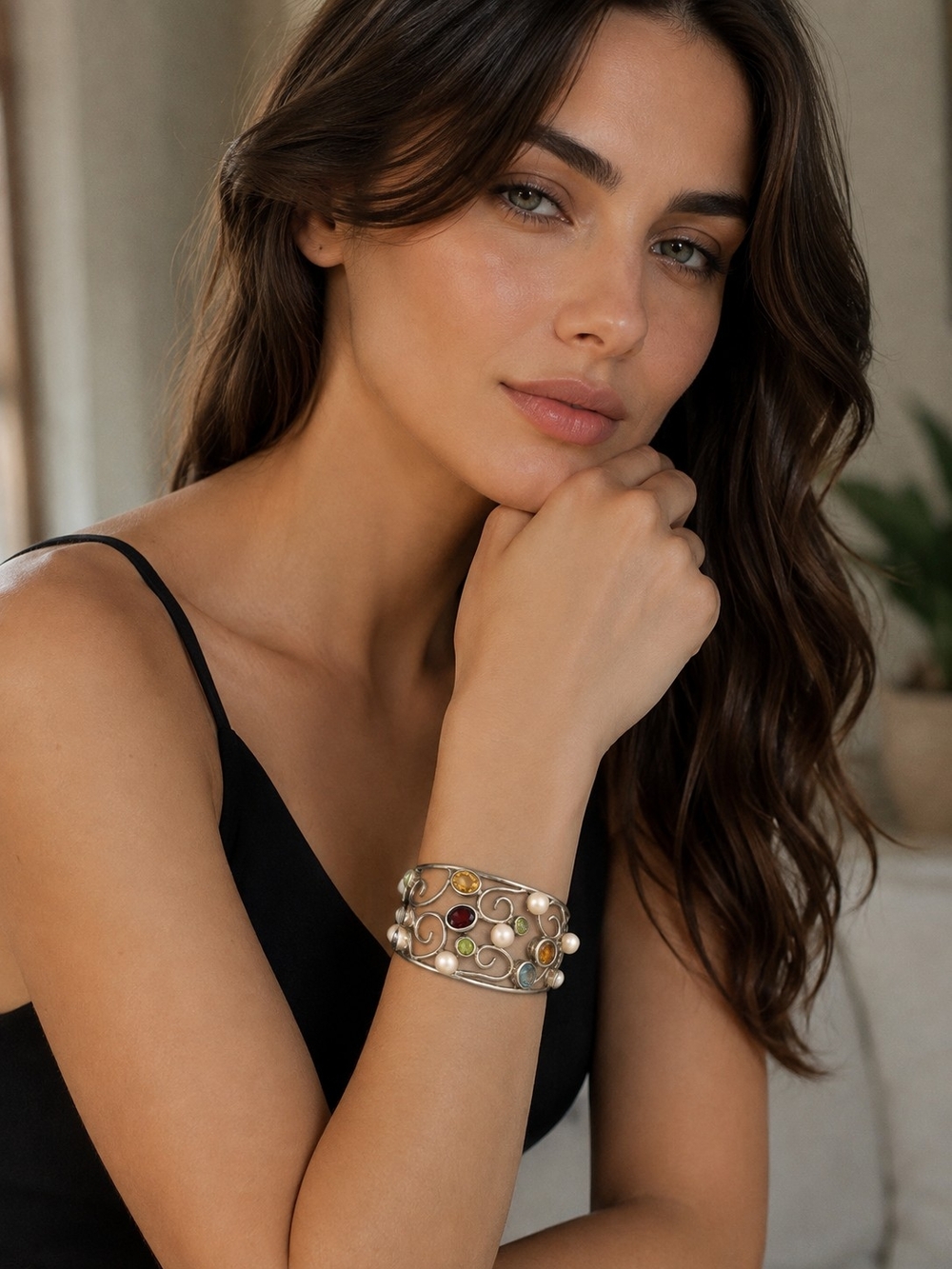Silver 925 Cuff Bracelet Elegant Women Jewelry Semipressious Stones And Pearls